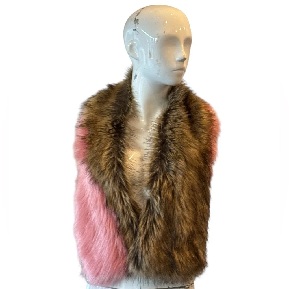 Faux Fur Colorblock Wrap Scarf Pink & Brown Glam Statement Stole Size OS